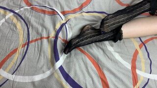 Caressing long legs of girl in black lace socks - porn video